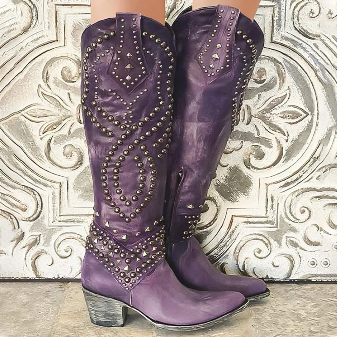 Black Knee High Boots for Women with Orthopedic Arch Support, Studded Western Style, Block Heel, Pointed Toe 0
