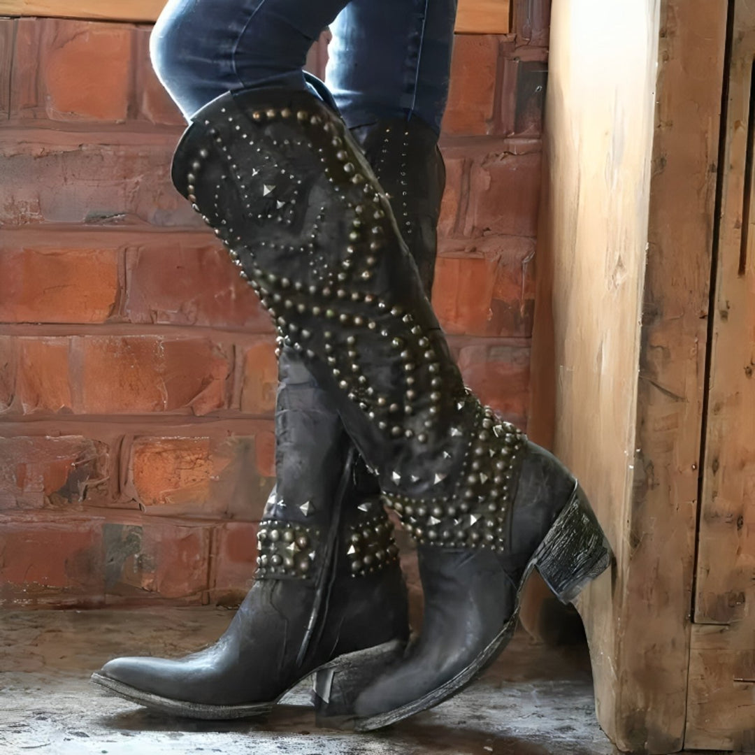 Black Knee High Boots for Women with Orthopedic Arch Support, Studded Western Style, Block Heel, Pointed Toe 2