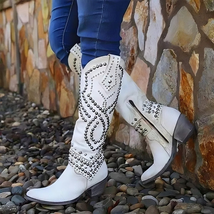 Black Knee High Boots for Women with Orthopedic Arch Support, Studded Western Style, Block Heel, Pointed Toe 4