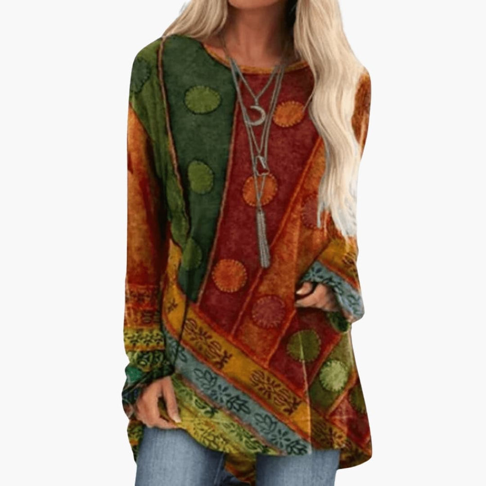 Boho Long Sleeve Women's Tunic Top with Colorful Patchwork Design - Stylish Tunic Tops for Women 1