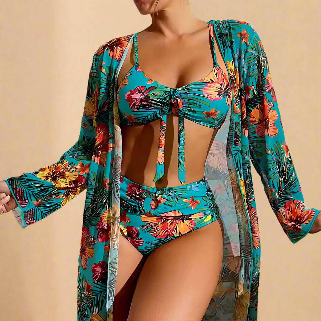Floral High Waisted Bikini Set for Women - Vibrant Tropical High Cut Bikini Bottoms for Summer Beachwear 0