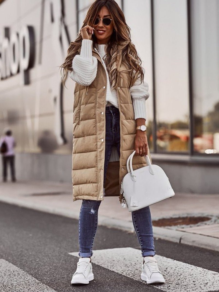 Long Black Puffer Vest for Women - Stylish Sleeveless Knee-Length Quilted Winter Coat with Hood and Pockets 0