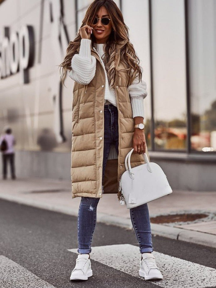 Long Black Puffer Vest for Women - Stylish Sleeveless Knee-Length Quilted Winter Coat with Hood and Pockets 0