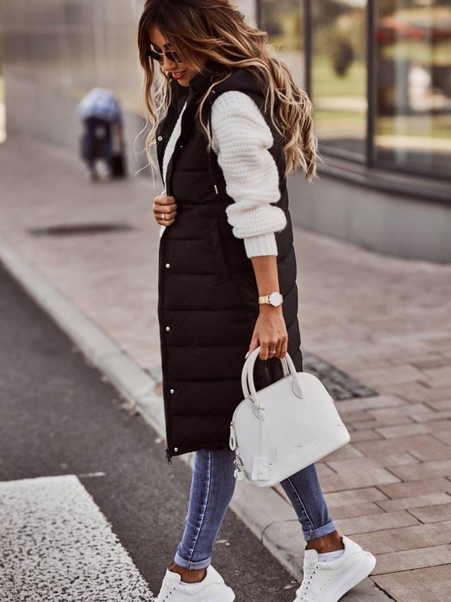 Long Black Puffer Vest for Women - Stylish Sleeveless Knee-Length Quilted Winter Coat with Hood and Pockets 2
