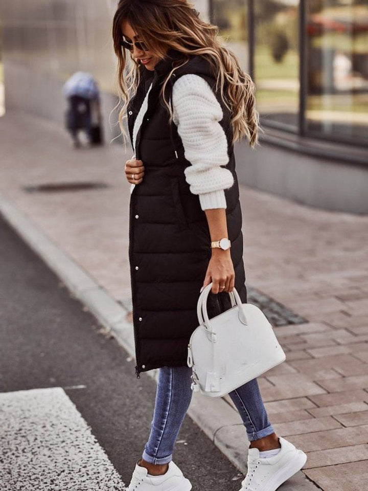 Long Black Puffer Vest for Women - Stylish Sleeveless Knee-Length Quilted Winter Coat with Hood and Pockets 2