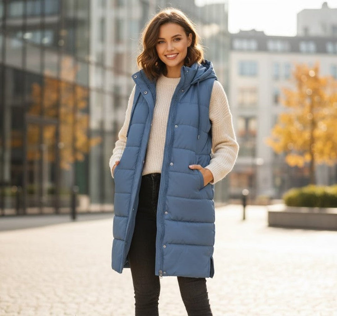 Long Black Puffer Vest for Women - Stylish Sleeveless Knee-Length Quilted Winter Coat with Hood and Pockets 6