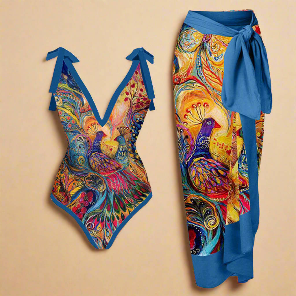 Swimsuit and Cover Up Set - Floral Two Piece Beach Outfit for Women - Stylish Beach Cover Up Set 0