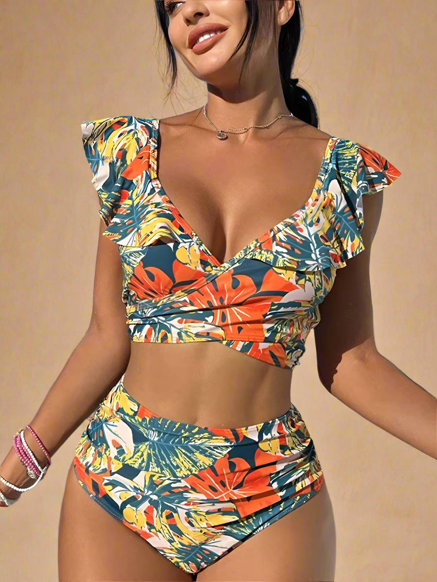 Tropical Two-Piece Women's Swimsuit with Ruffles - Stylish Bathing Suit for Summer Swimwear 0