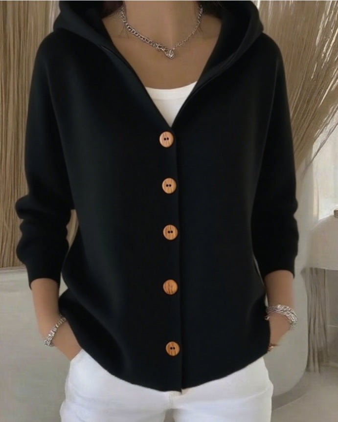 Women's Black Cardigan Sweater with Hood - Relaxed Fit Button-Front Knit Cardigan for Casual Layering 7