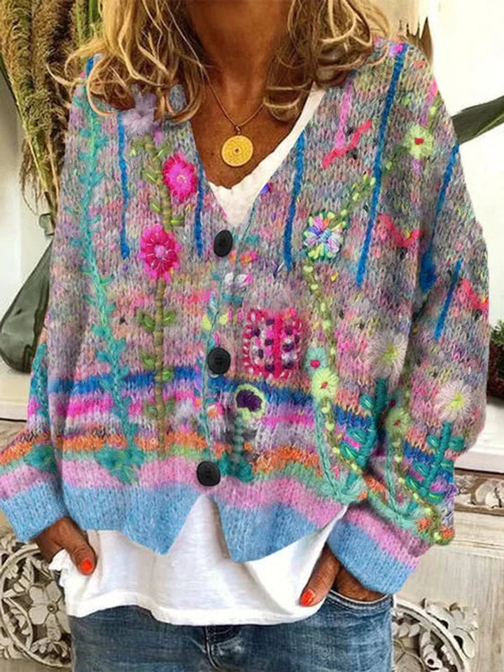 Women's Floral Embroidered Cardigan Sweater - Relaxed Fit Button-Front Knit for Effortless Layering 0