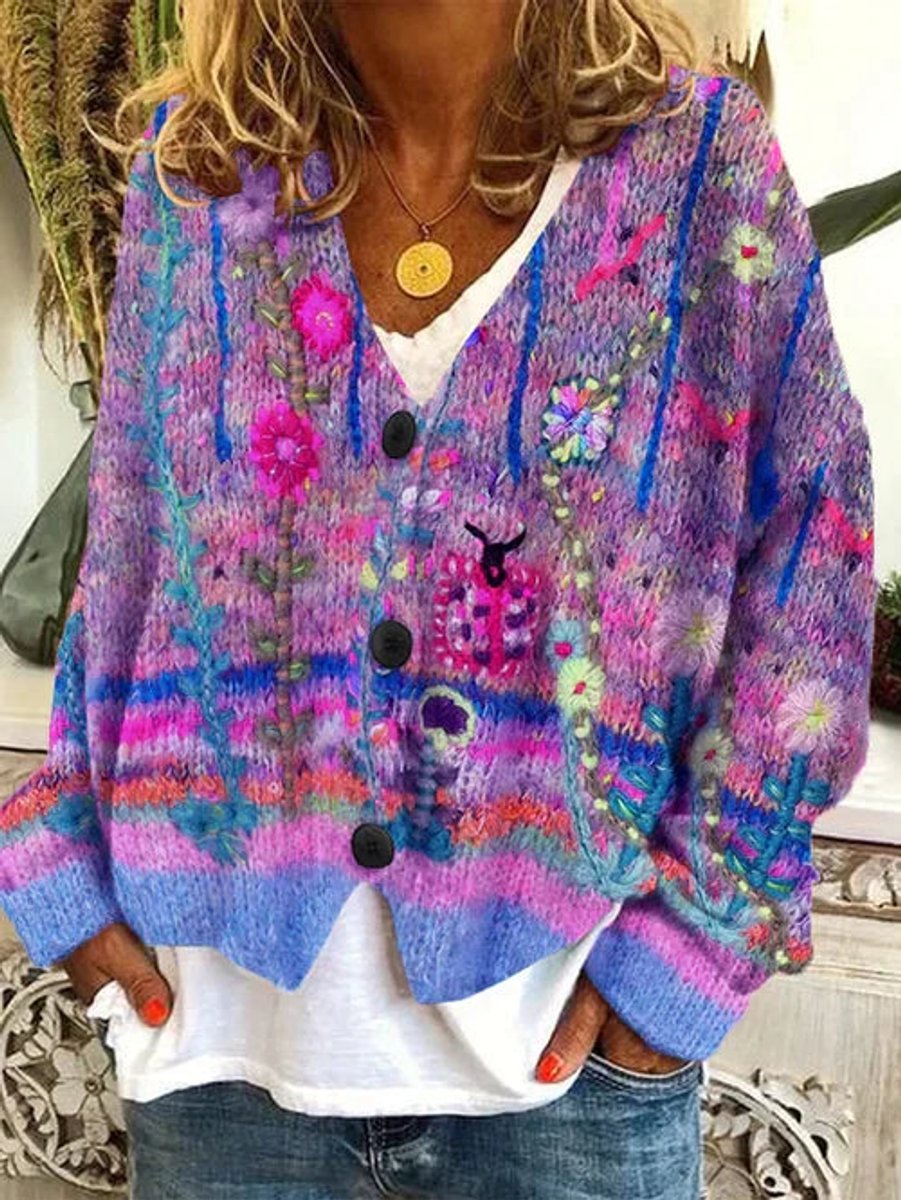 Women's Floral Embroidered Cardigan Sweater - Relaxed Fit Button-Front Knit for Effortless Layering 1