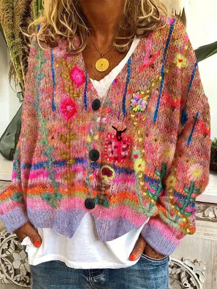 Women's Floral Embroidered Cardigan Sweater - Relaxed Fit Button-Front Knit for Effortless Layering 2