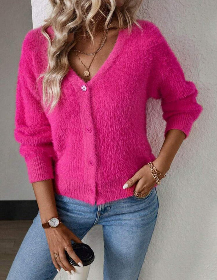 Women's Fluffy V-Neck Button-Front Knit Cardigan for Casual and Layered Looks 0