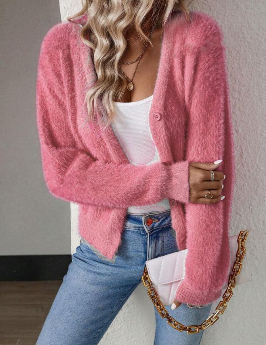 Women's Fluffy V-Neck Button-Front Knit Cardigan for Casual and Layered Looks 2