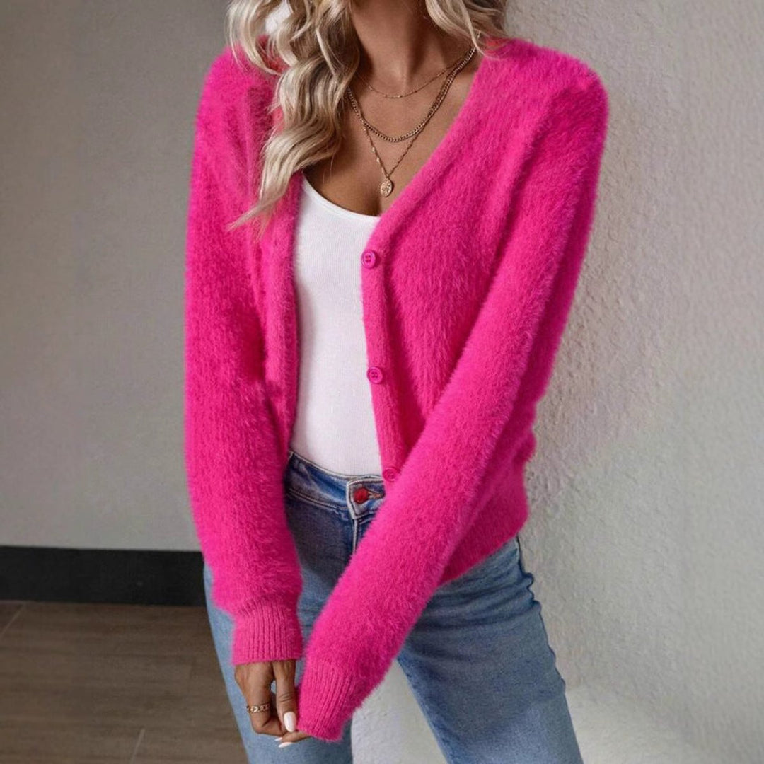 Women's Fluffy V-Neck Button-Front Knit Cardigan for Casual and Layered Looks 4