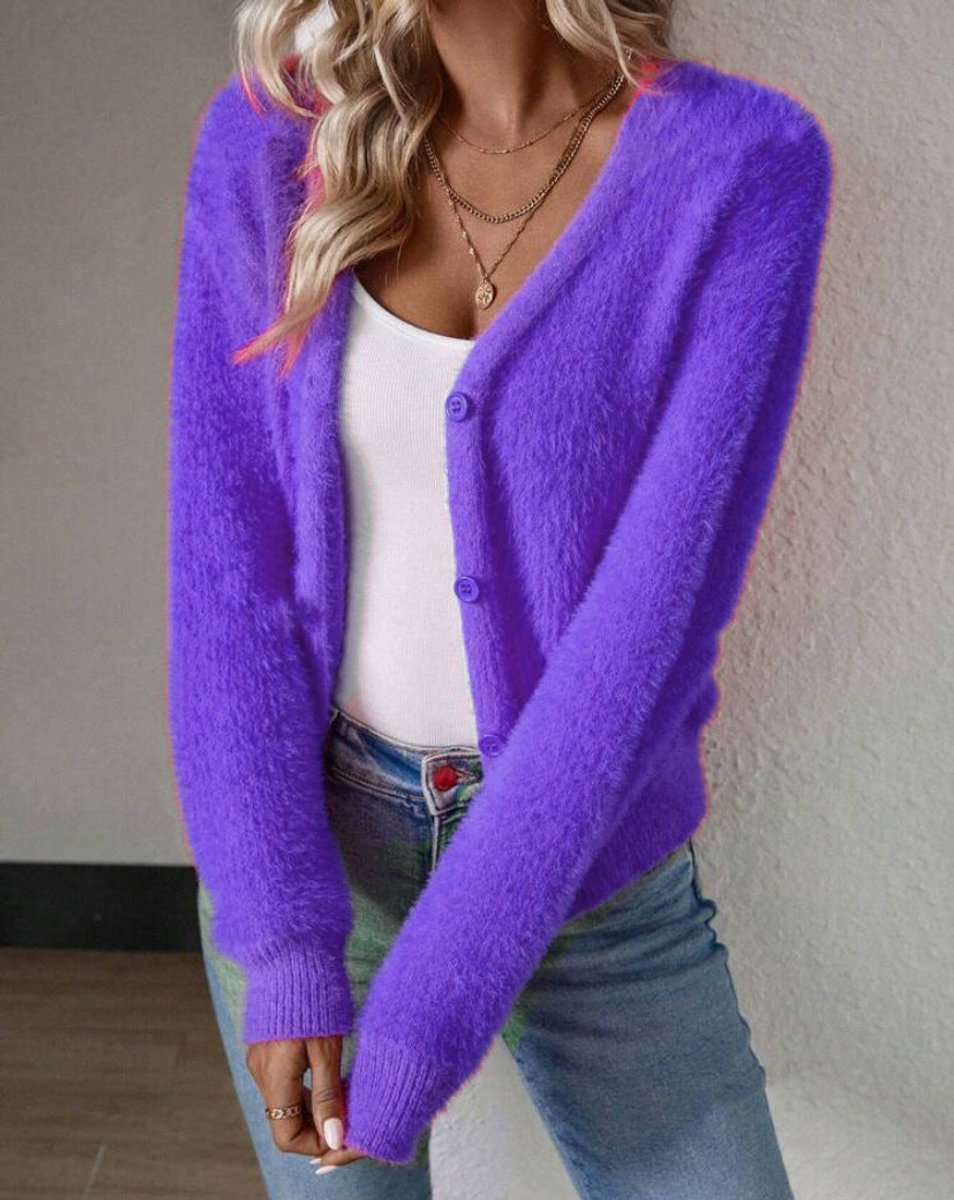 Women's Fluffy V-Neck Button-Front Knit Cardigan for Casual and Layered Looks 8