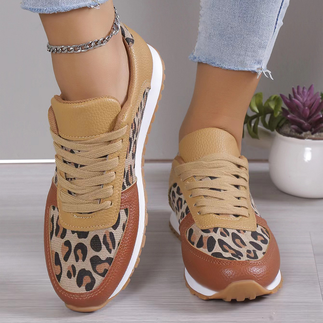 Women's Lace-Up Sneakers with Leopard Print - Stylish and Comfortable Casual Footwear 0