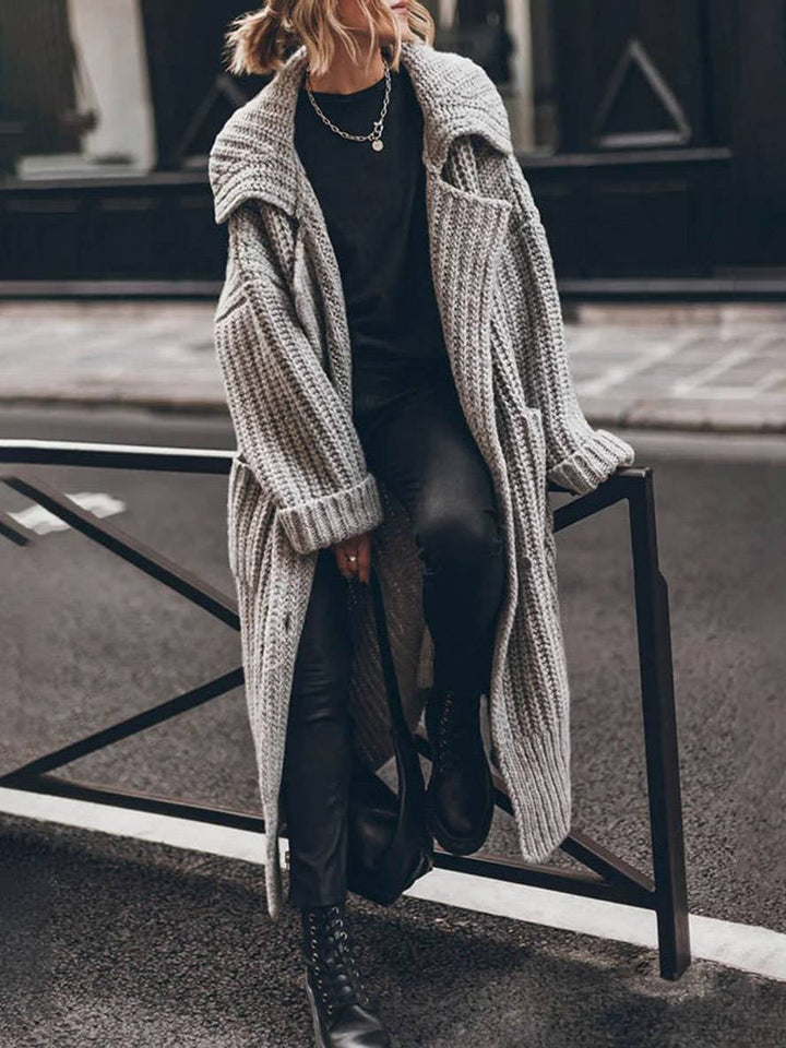 Women's Long Cardigan Sweater - Oversized Chunky Rib-Knit Lapel Cardigan for Cold Weather, Cozy Layering with Deep Pockets 0