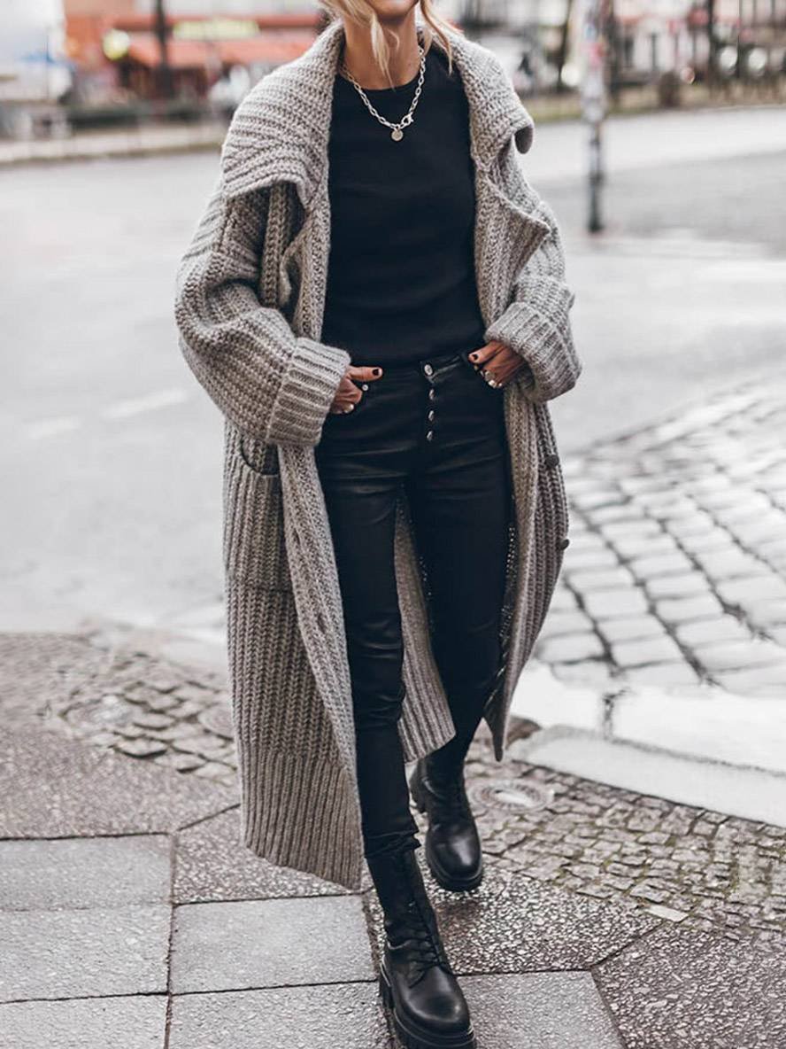 Women's Long Cardigan Sweater - Oversized Chunky Rib-Knit Lapel Cardigan for Cold Weather, Cozy Layering with Deep Pockets 1