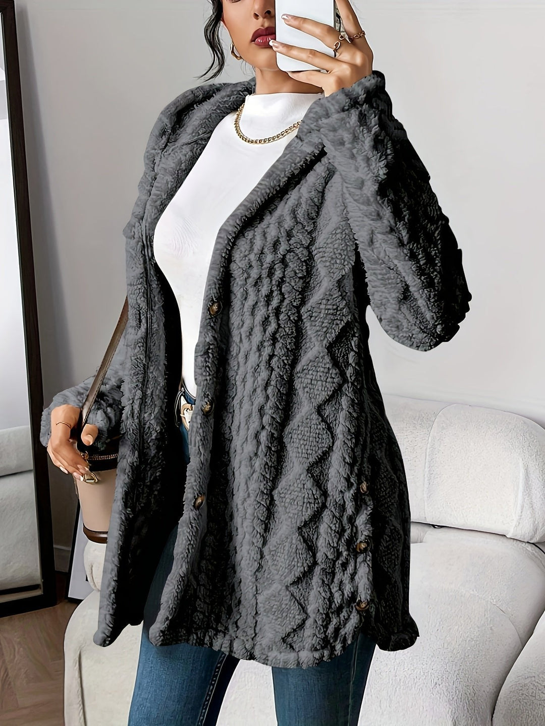 Women's Long Cardigan Sweater, Plush Hooded Button-Front Layering Cardigan for Cozy Comfort and Style 4