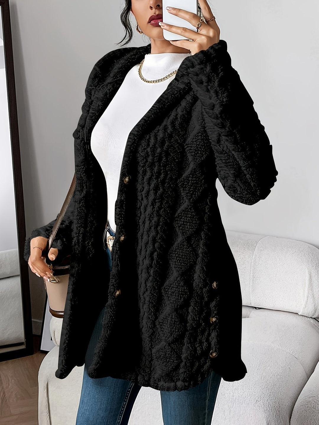 Women's Long Cardigan Sweater, Plush Hooded Button-Front Layering Cardigan for Cozy Comfort and Style 5