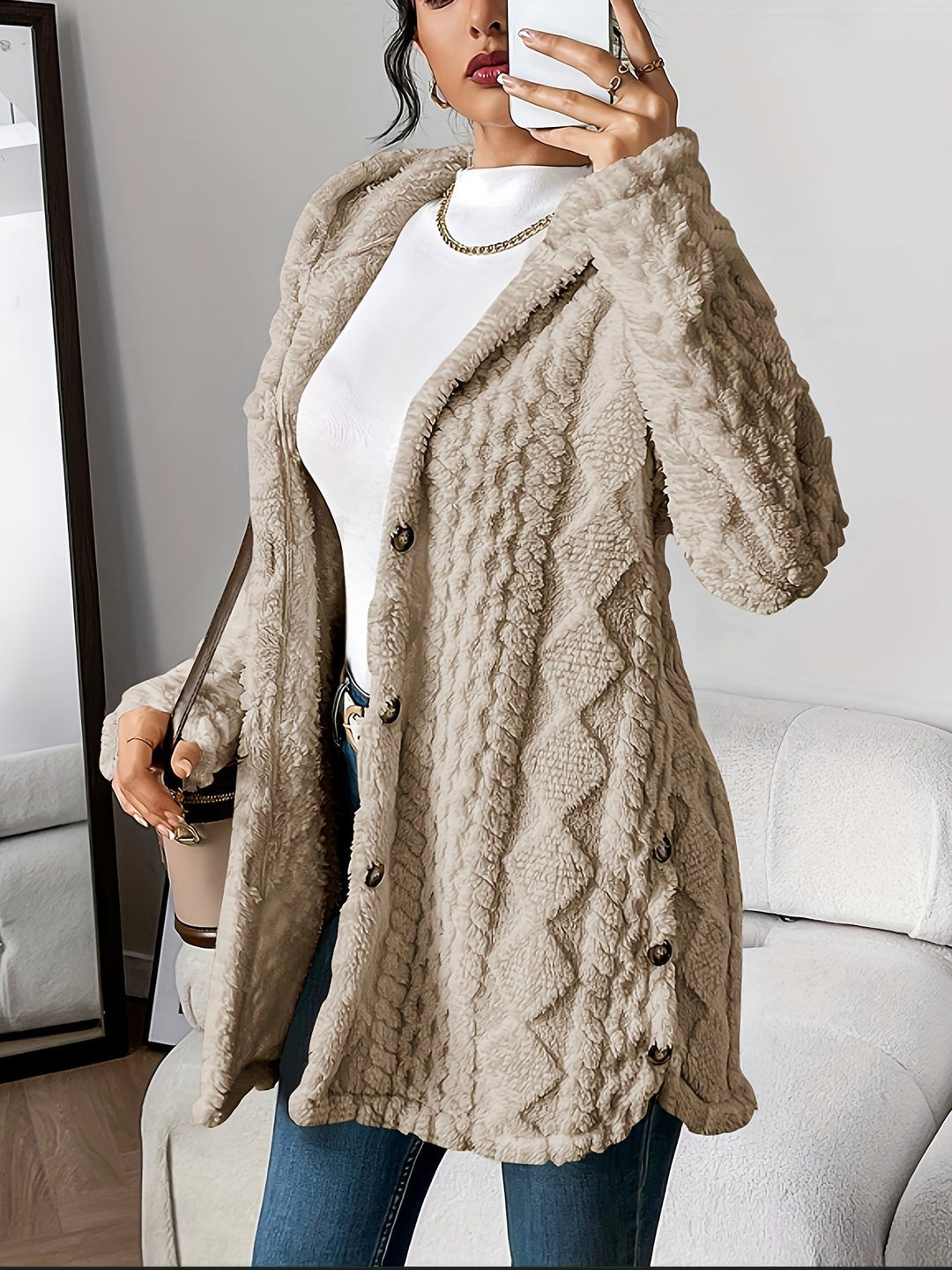 Women's Long Cardigan Sweater, Plush Hooded Button-Front Layering Cardigan for Cozy Comfort and Style 9