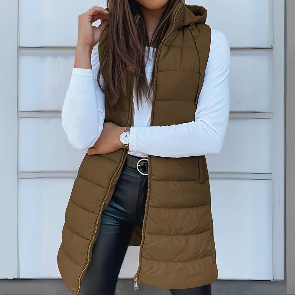 Women's Long Hooded Sleeveless Puffer Vest Lightweight Layering Gilet 1
