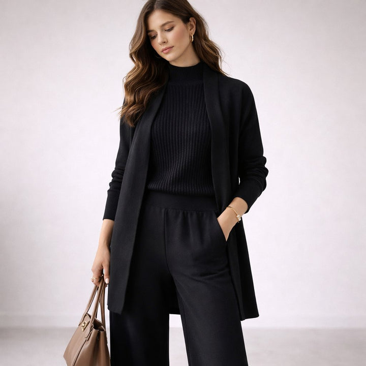 Women's Lounge Set - Elegant Three-Piece Knit Loungewear with Cardigan and Wide-Leg Pants - Matching Lounge Set 2