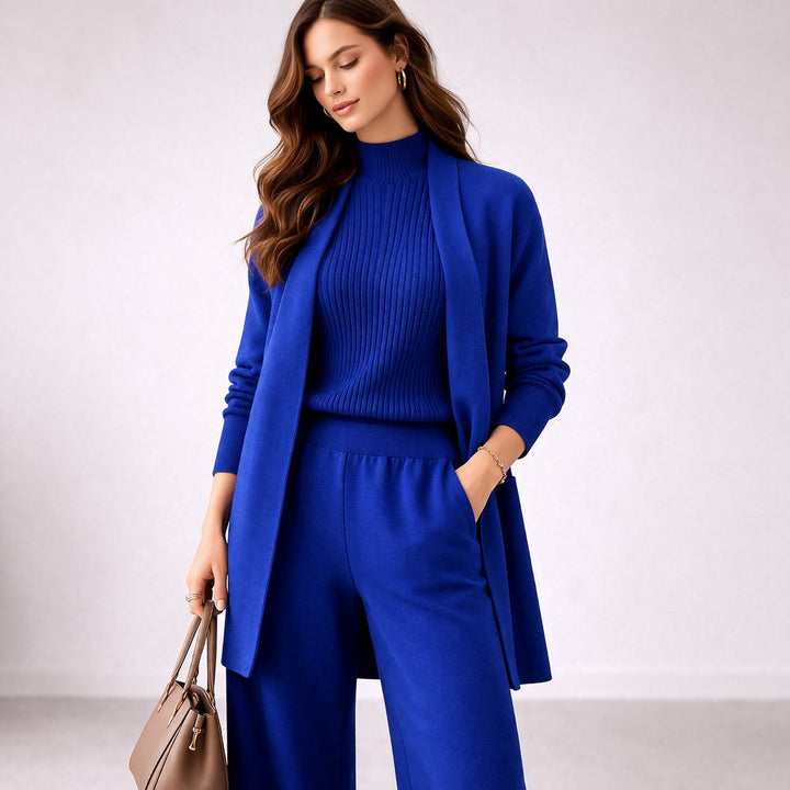 Women's Lounge Set - Elegant Three-Piece Knit Loungewear with Cardigan and Wide-Leg Pants - Matching Lounge Set 3