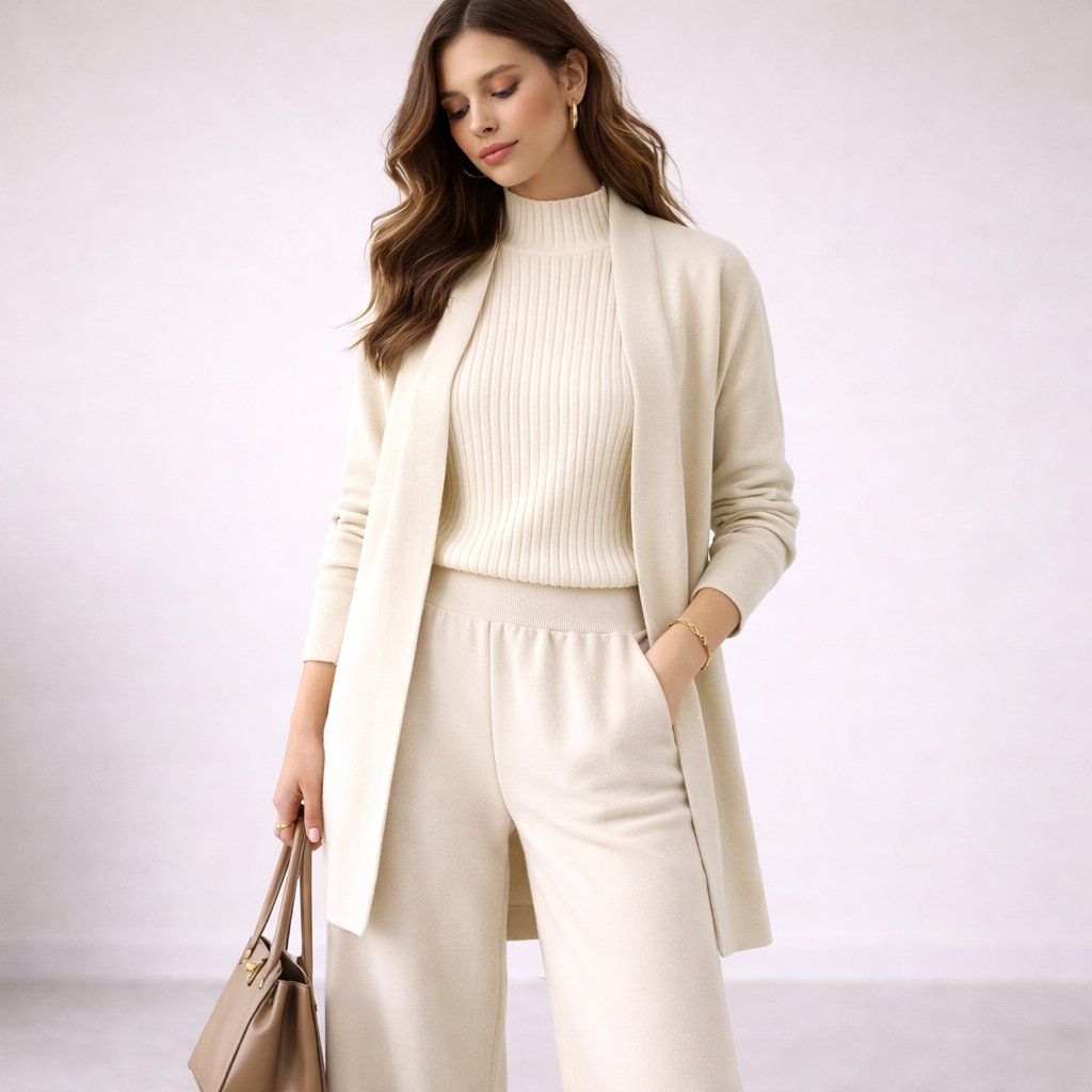 Women's Lounge Set - Elegant Three-Piece Knit Loungewear with Cardigan and Wide-Leg Pants - Matching Lounge Set 4
