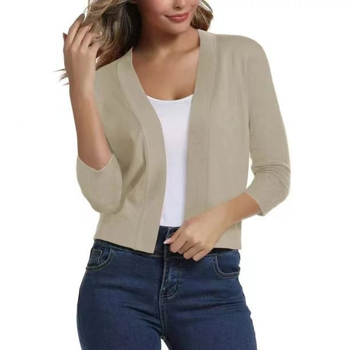 Women's Open-Front Cropped Cardigan 3/4 Sleeve Lightweight Layering Top 0