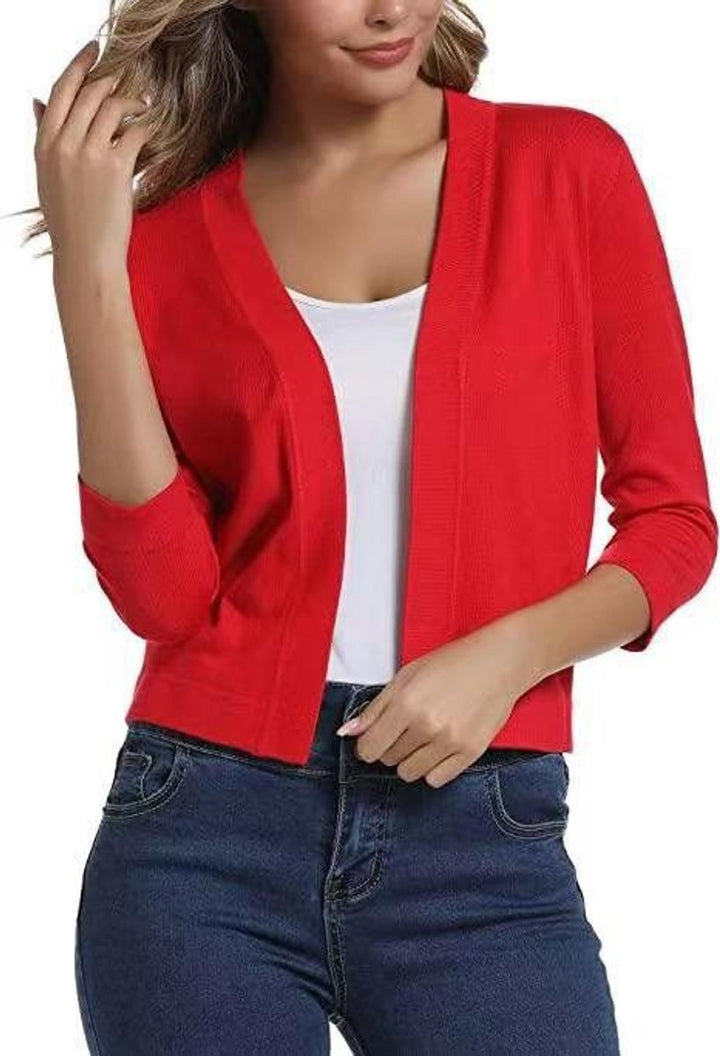 Women's Open-Front Cropped Cardigan 3/4 Sleeve Lightweight Layering Top 14