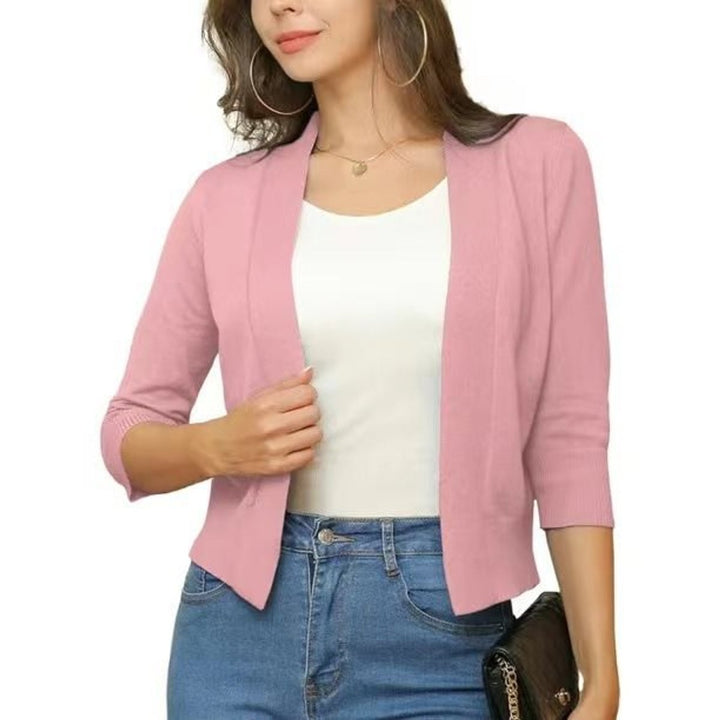 Women's Open-Front Cropped Cardigan 3/4 Sleeve Lightweight Layering Top 17