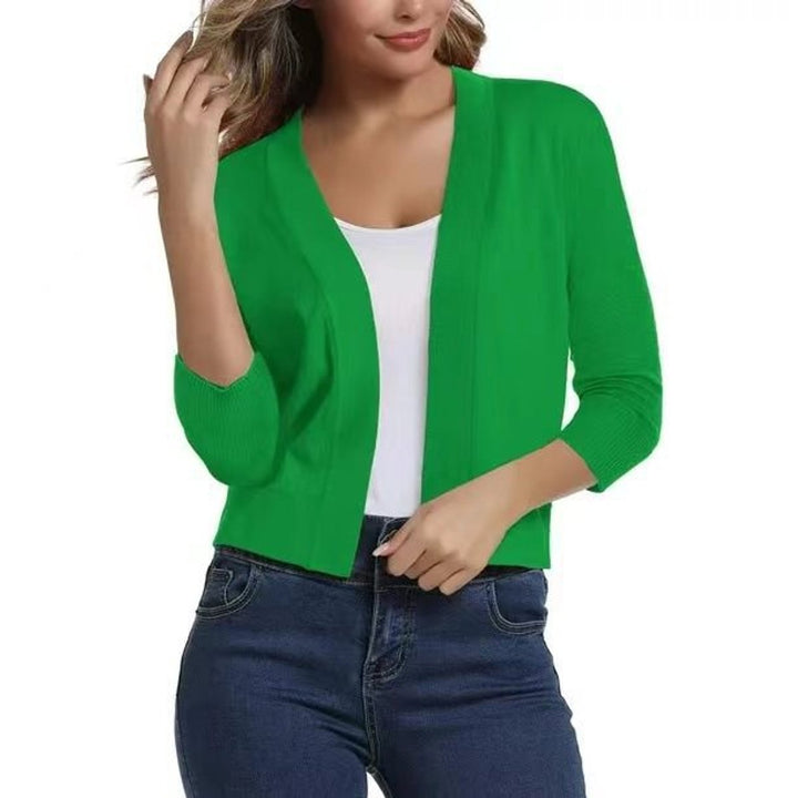 Women's Open-Front Cropped Cardigan 3/4 Sleeve Lightweight Layering Top 2