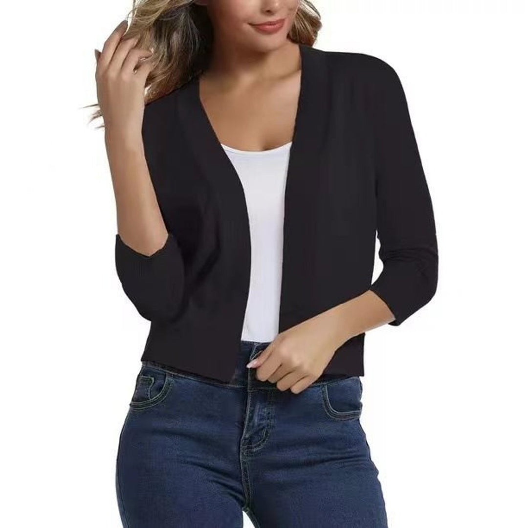 Women's Open-Front Cropped Cardigan 3/4 Sleeve Lightweight Layering Top 3