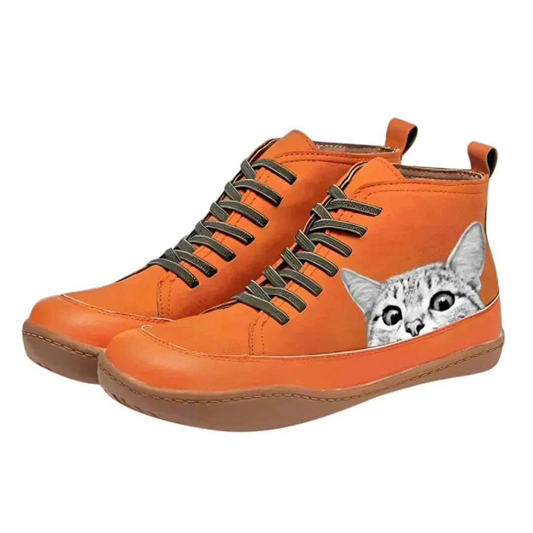 Women's Orthopedic High-Top Ankle Boots with Arch Support & Cat Print Design 0