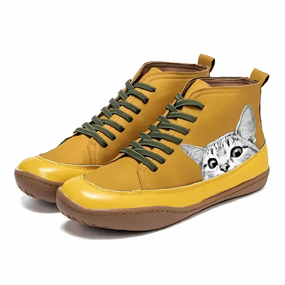 Women's Orthopedic High-Top Ankle Boots with Arch Support & Cat Print Design 1