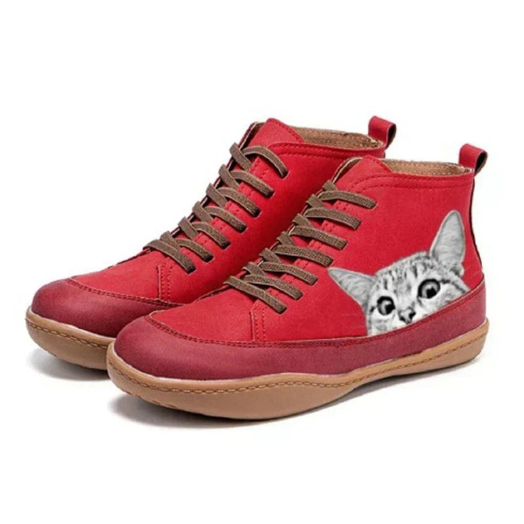 Women's Orthopedic High-Top Ankle Boots with Arch Support & Cat Print Design 4