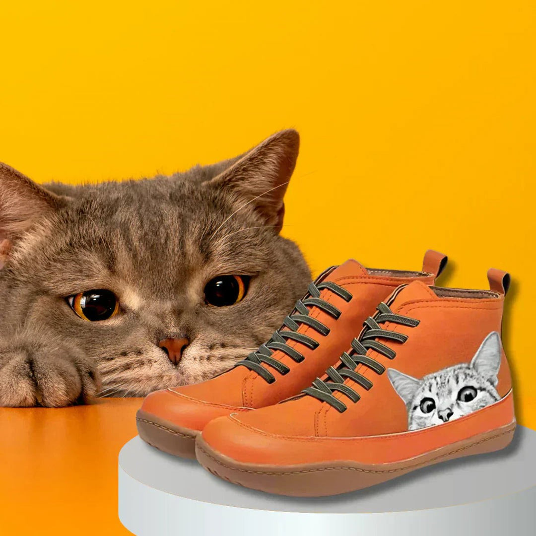 Women's Orthopedic High-Top Ankle Boots with Arch Support & Cat Print Design 5