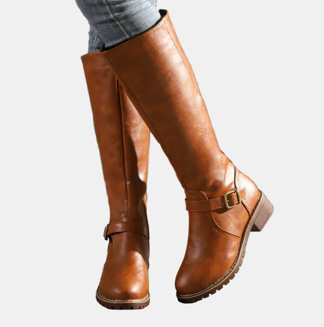 Women's Orthopedic Knee High Boots with Arch Support - Tall Black Riding Boots with Buckle Strap 0