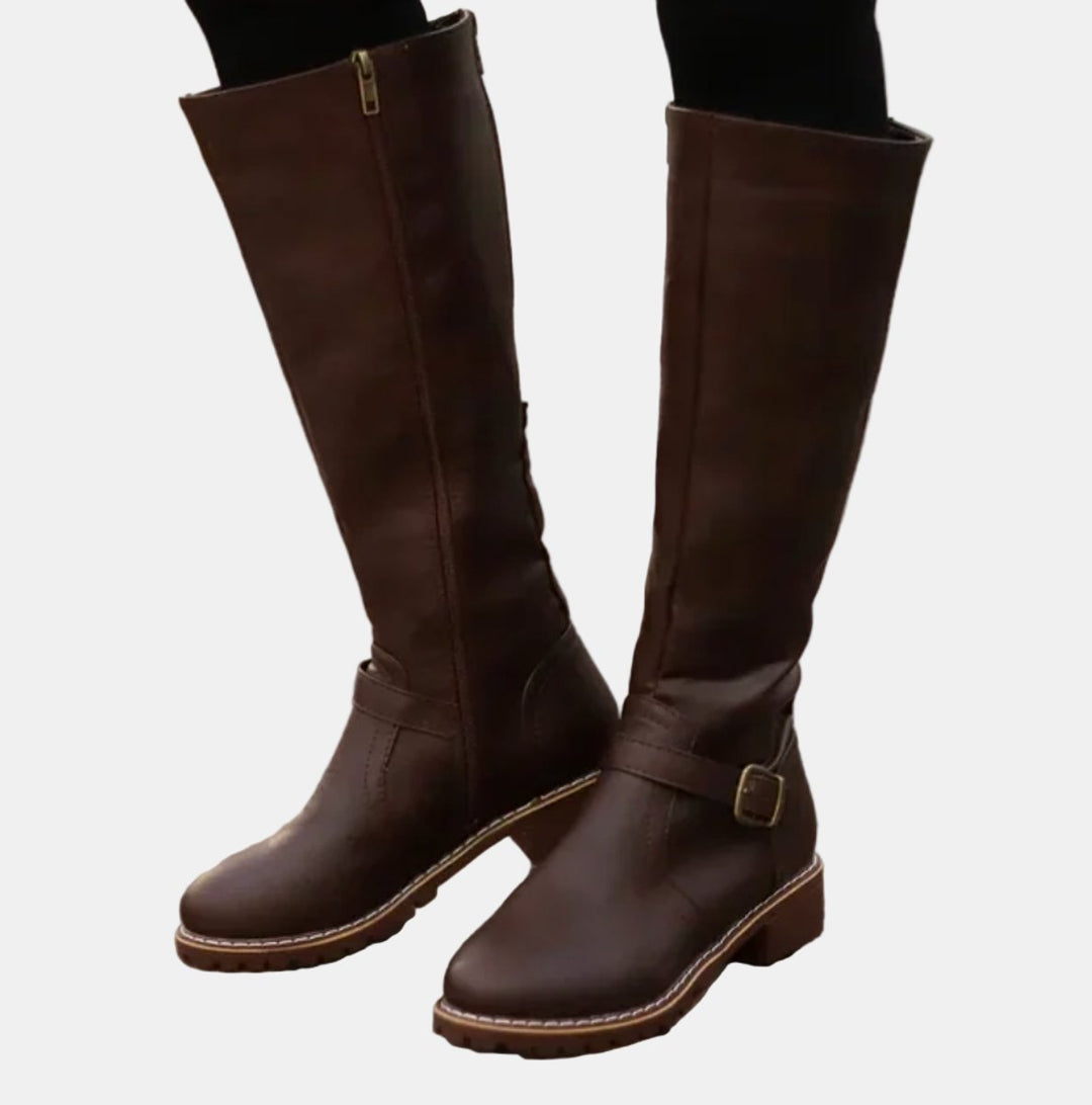Women's Orthopedic Knee High Boots with Arch Support - Tall Black Riding Boots with Buckle Strap 3