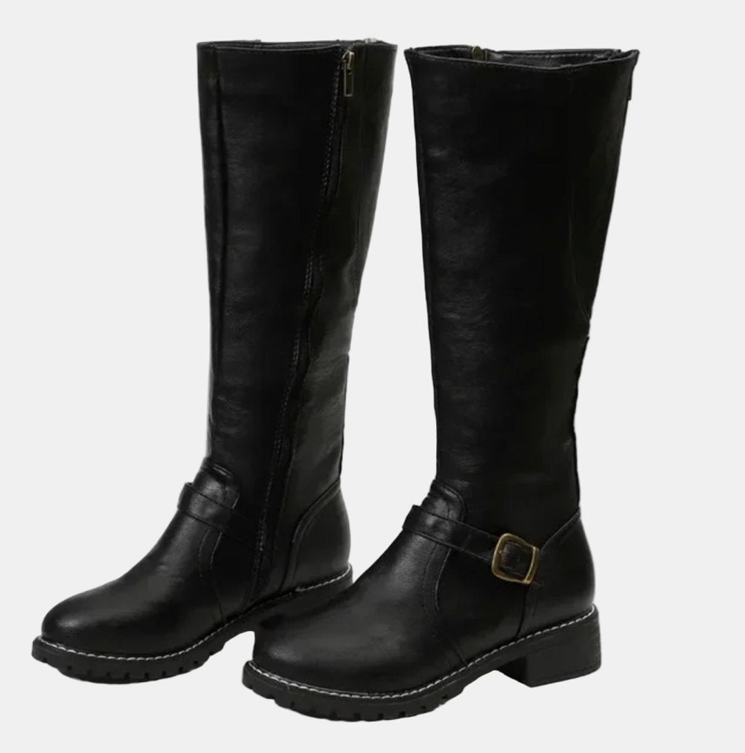 Women's Orthopedic Knee High Boots with Arch Support - Tall Black Riding Boots with Buckle Strap 4