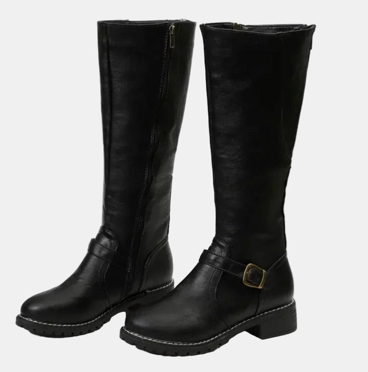 Women's Orthopedic Knee High Boots with Arch Support - Tall Black Riding Boots with Buckle Strap 4