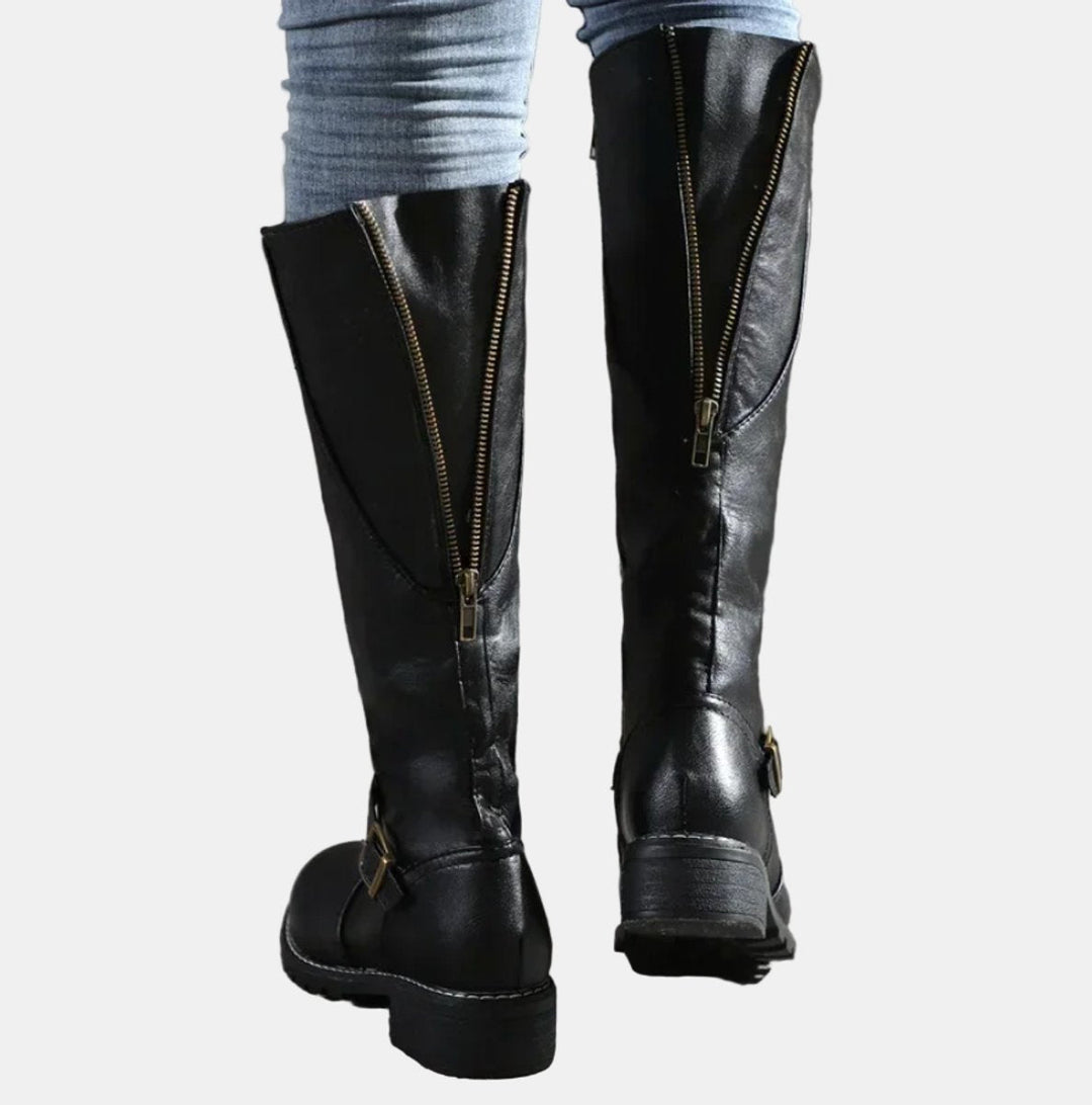 Women's Orthopedic Knee High Boots with Arch Support - Tall Black Riding Boots with Buckle Strap 7