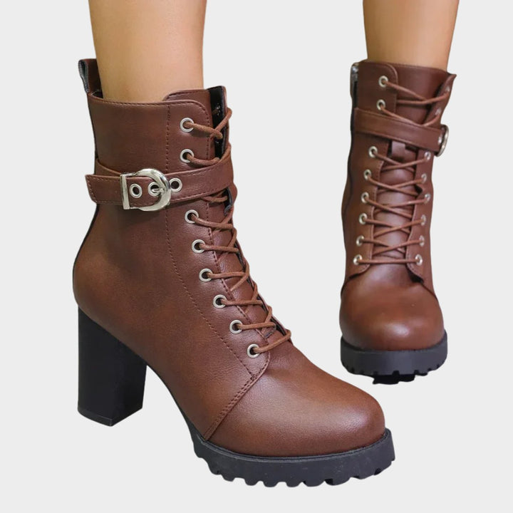 Women's Orthopedic Lace-Up Block Heel Combat Ankle Boots with Buckle Strap 0