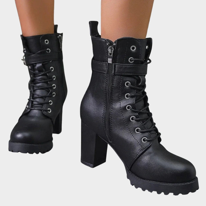 Women's Orthopedic Lace-Up Block Heel Combat Ankle Boots with Buckle Strap 2
