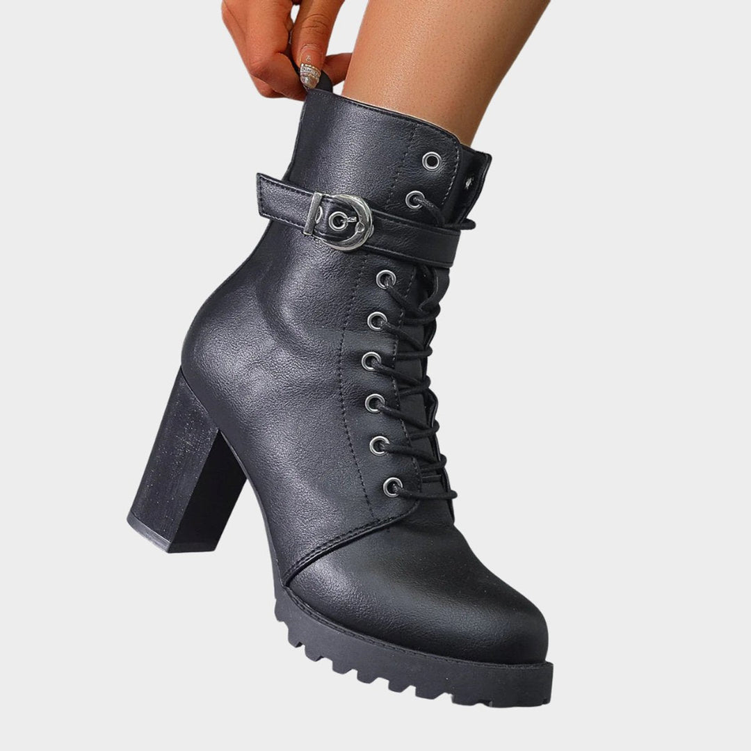 Women's Orthopedic Lace-Up Block Heel Combat Ankle Boots with Buckle Strap 4