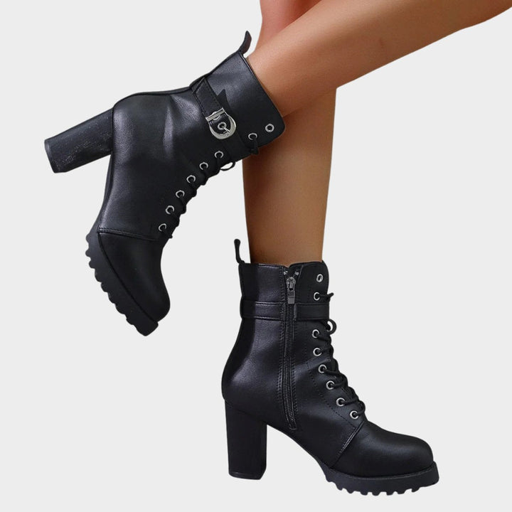 Women's Orthopedic Lace-Up Block Heel Combat Ankle Boots with Buckle Strap 5