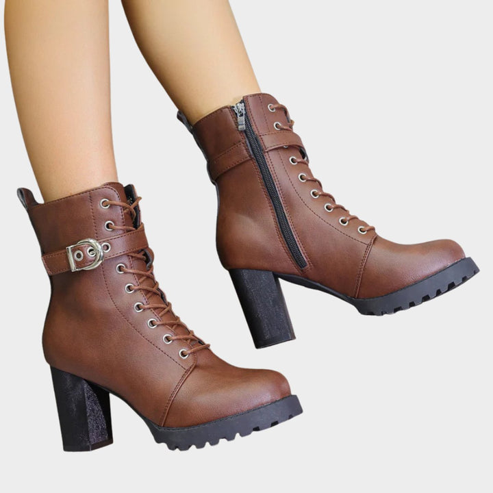 Women's Orthopedic Lace-Up Block Heel Combat Ankle Boots with Buckle Strap 7