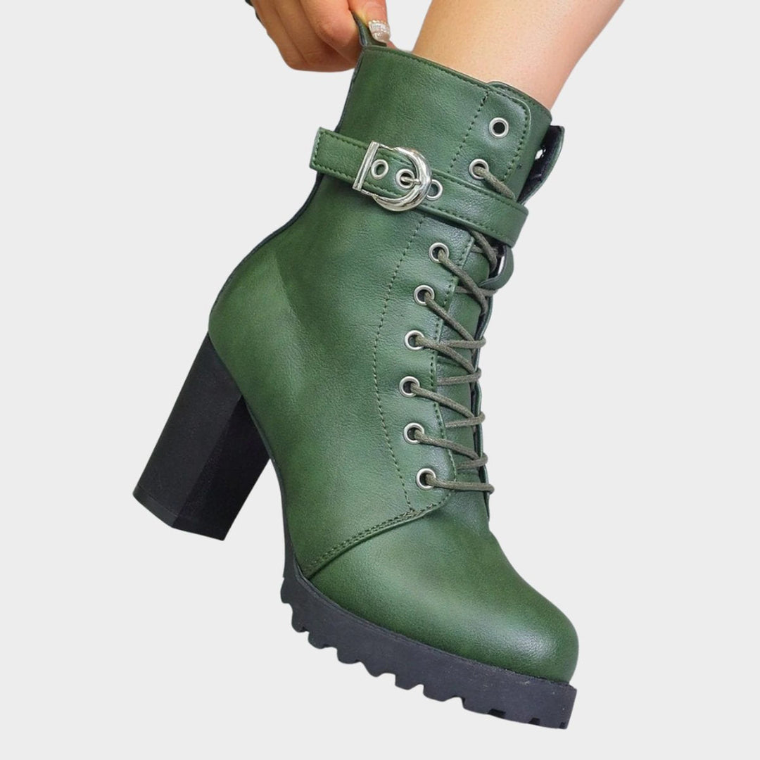 Women's Orthopedic Lace-Up Block Heel Combat Ankle Boots with Buckle Strap 8